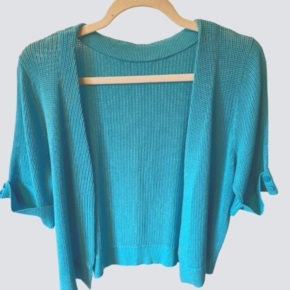 TRÏBE Cotton Blend 3/4 Sleeve Open Knit Turquoise Sweater Size Medium - Picture 1 of 4